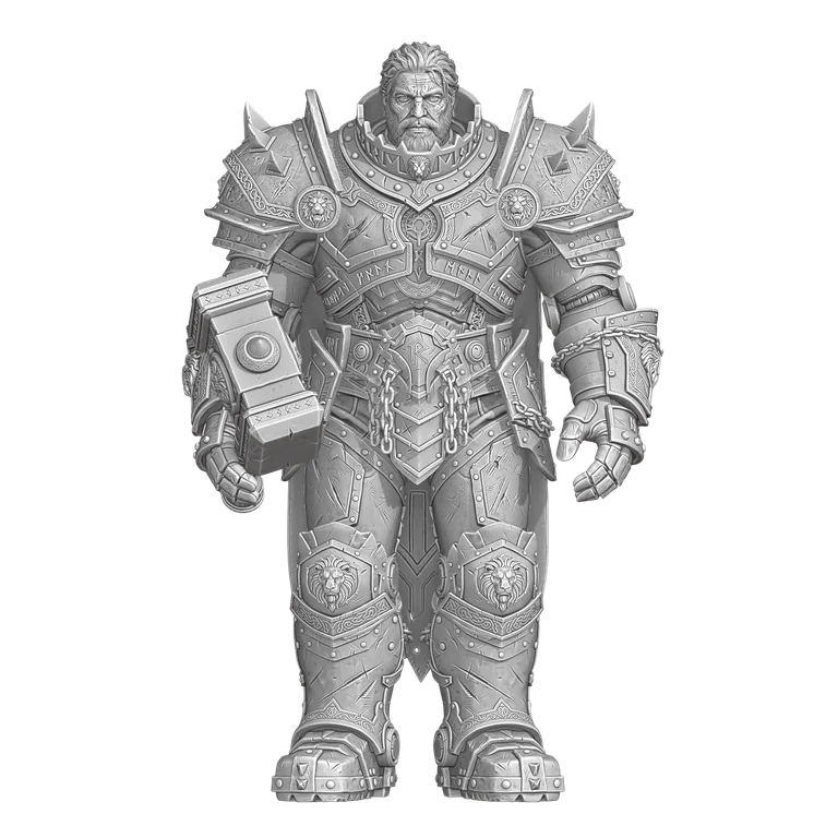 Personnage Heroic en pied, en armure avec un marteau, rendu de modélisation gris