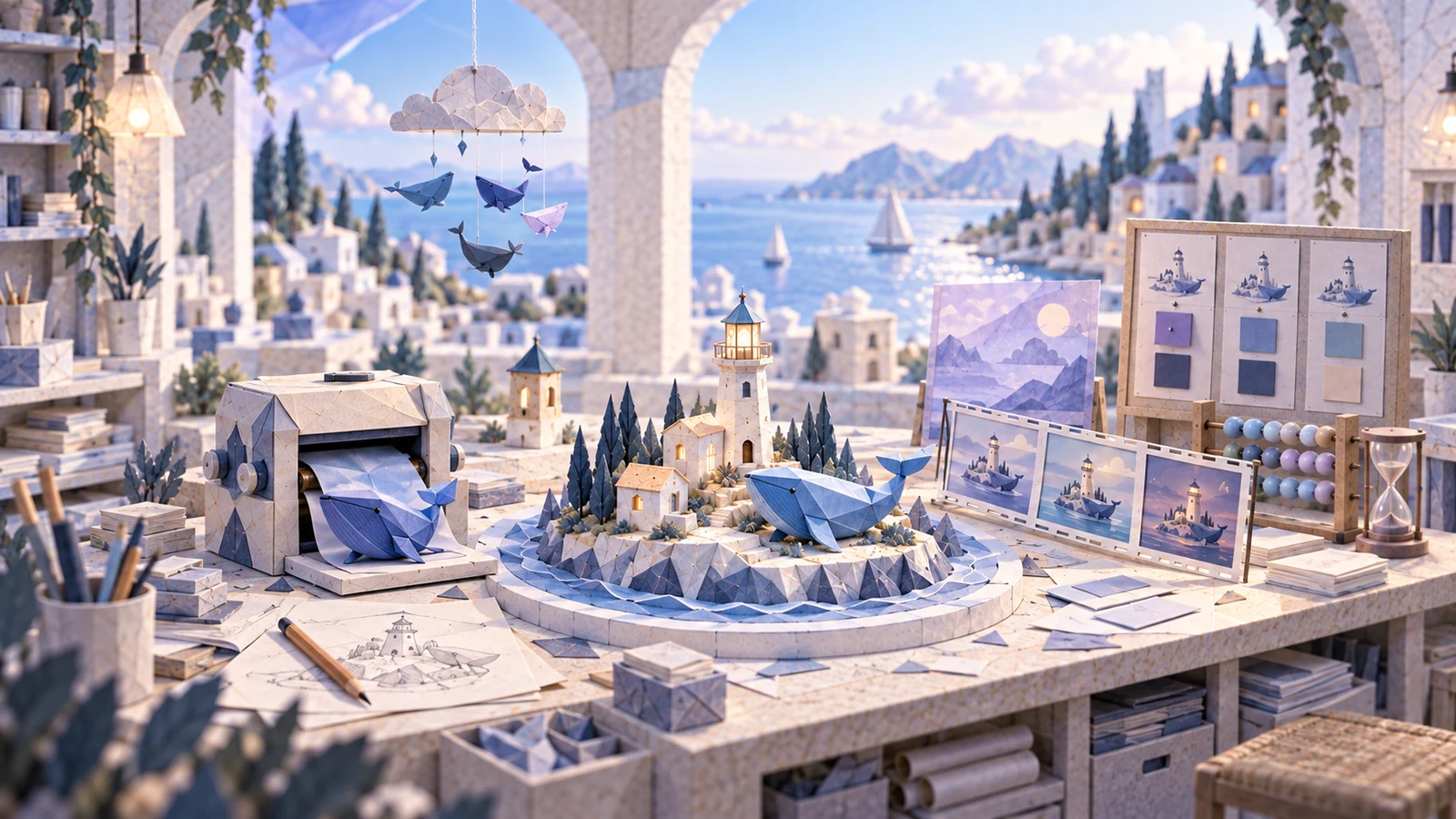 Paper workshop overlooking the sea, with a miniature lighthouse and blue whales