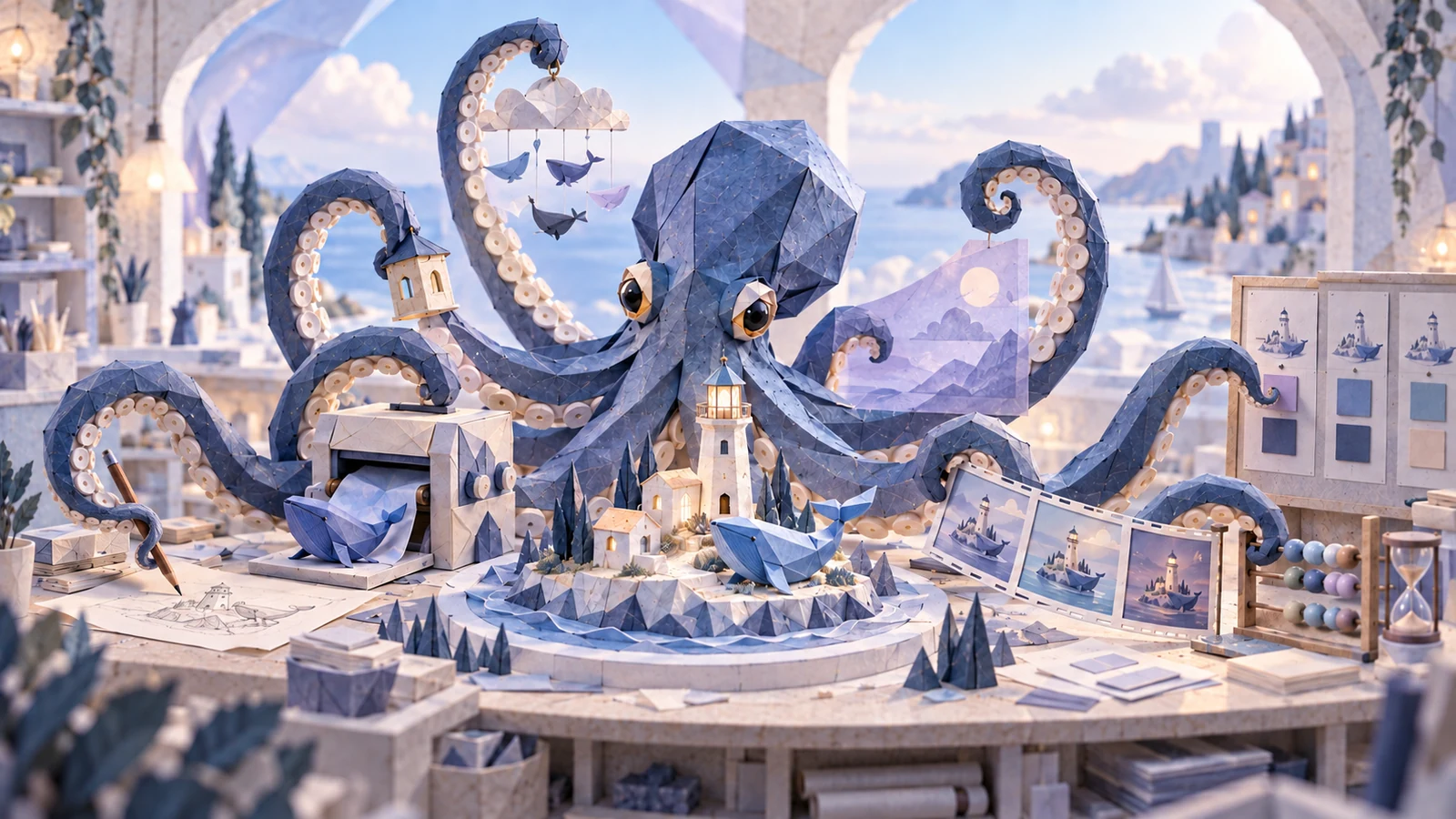 The octopus creating in its paper workshop, among a lighthouse and blue whales